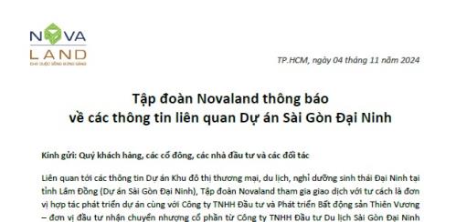 TẬP ĐOÀN NOVALAND THÔNG BÁO VỀ CÁC THÔNG TIN LIÊN QUAN DỰ ÁN SÀI GÒN ĐẠI NINH