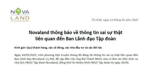 NOVALAND THÔNG BÁO VỀ THÔNG TIN SAI SỰ THẬT LIÊN QUAN ĐẾN BAN LÃNH ĐẠO TẬP ĐOÀN